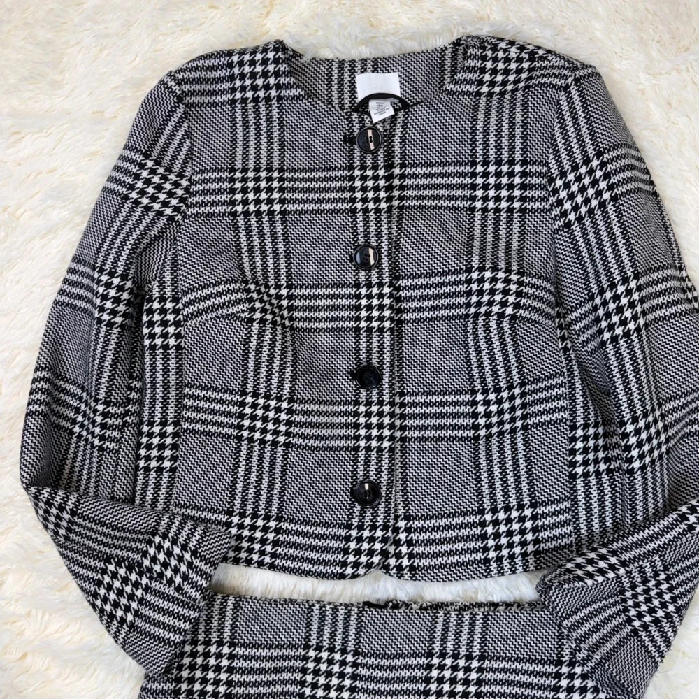 H&M Skirt Suit Set Women 8 & M Black White Glen Plaid Cropped Clueless Cher